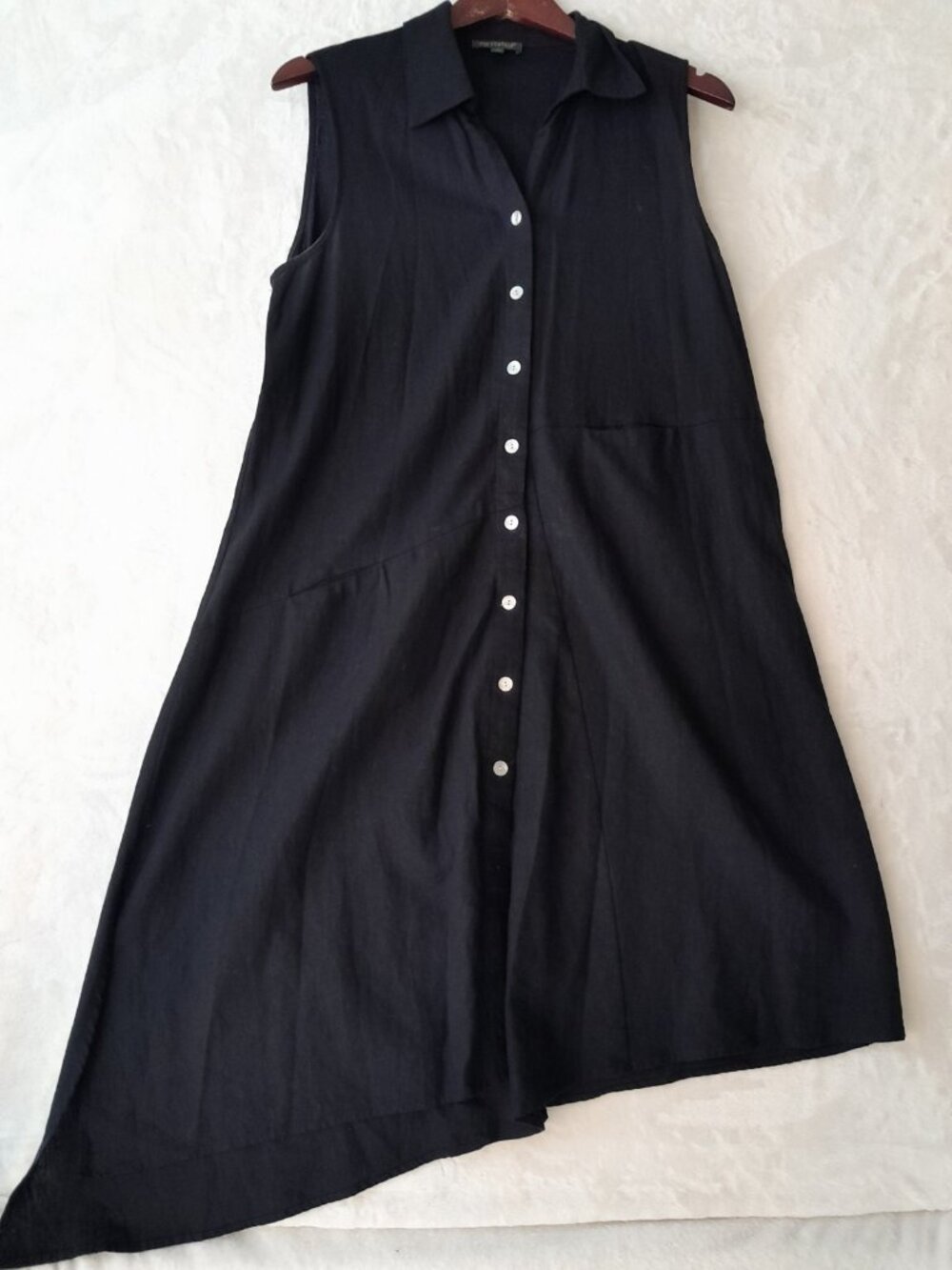 Womens Linen Blend Shirt Dress Asymmetrical Minimalist Casual Pockets Medium Blk - Picture 2 of 9